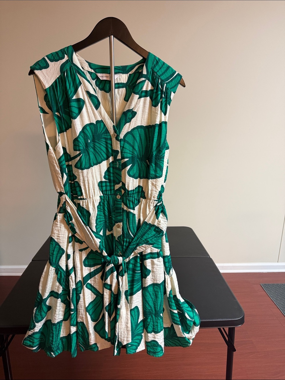 Nine West Cream Dress with Green Leaf Print